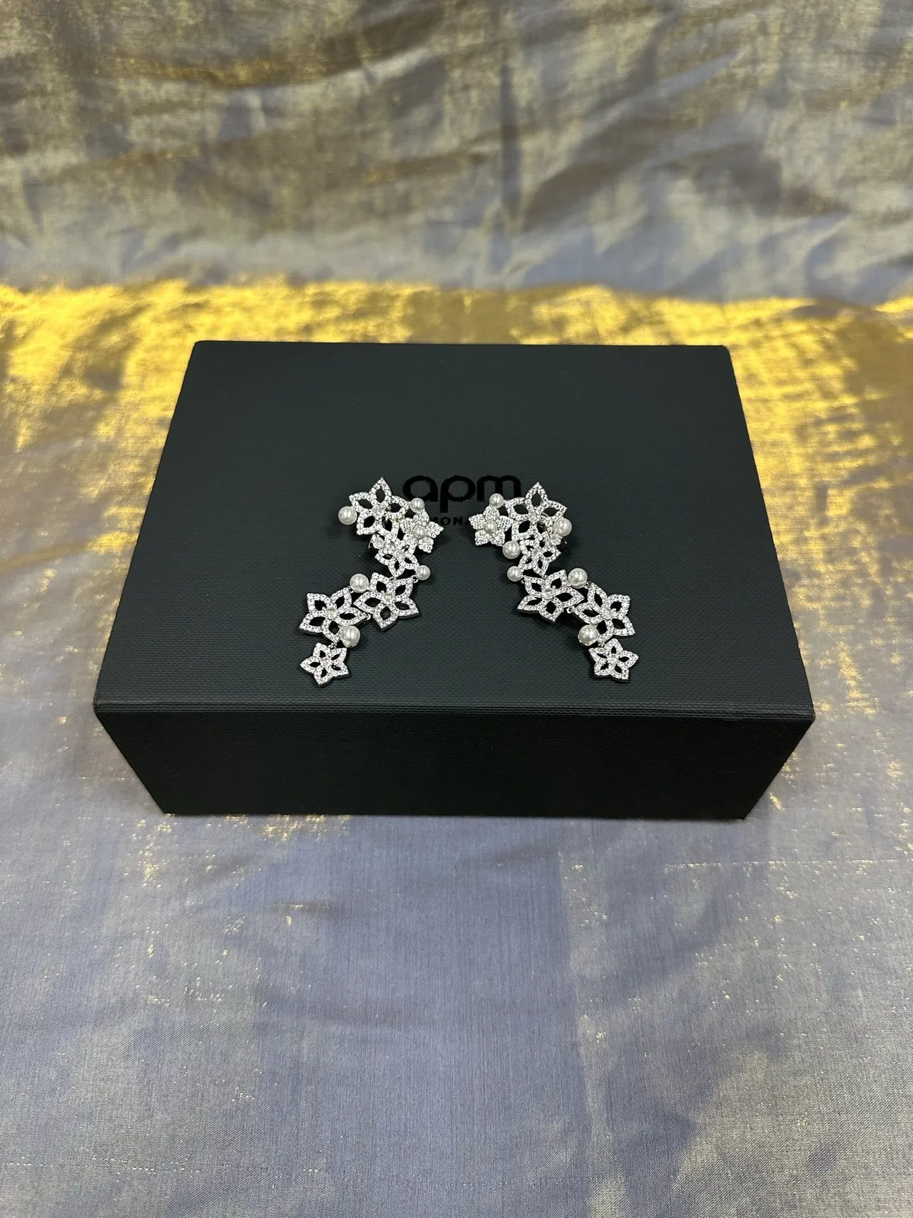Silver-Tone Pearl and Crystal Floral-Star Dangling Earrings 6