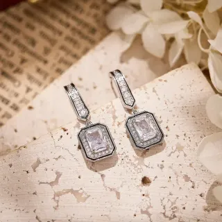 Silver-Tone Rectangular Halo Pavé Crystal Dangling Earrings