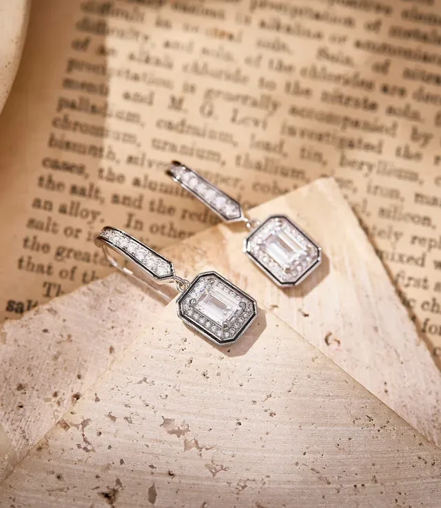 Silver-Tone Rectangular Halo Pavé Crystal Dangling Earrings 2