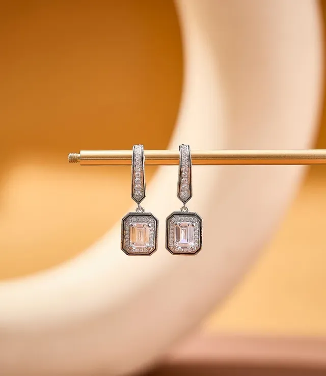 Silver-Tone Rectangular Halo Pavé Crystal Dangling Earrings 4