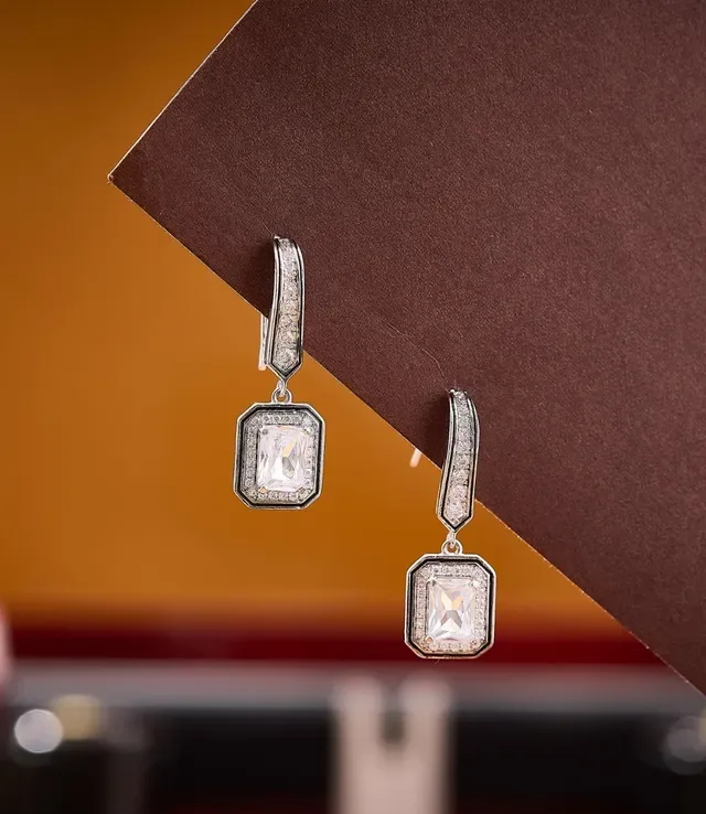Silver-Tone Rectangular Halo Pavé Crystal Dangling Earrings 5