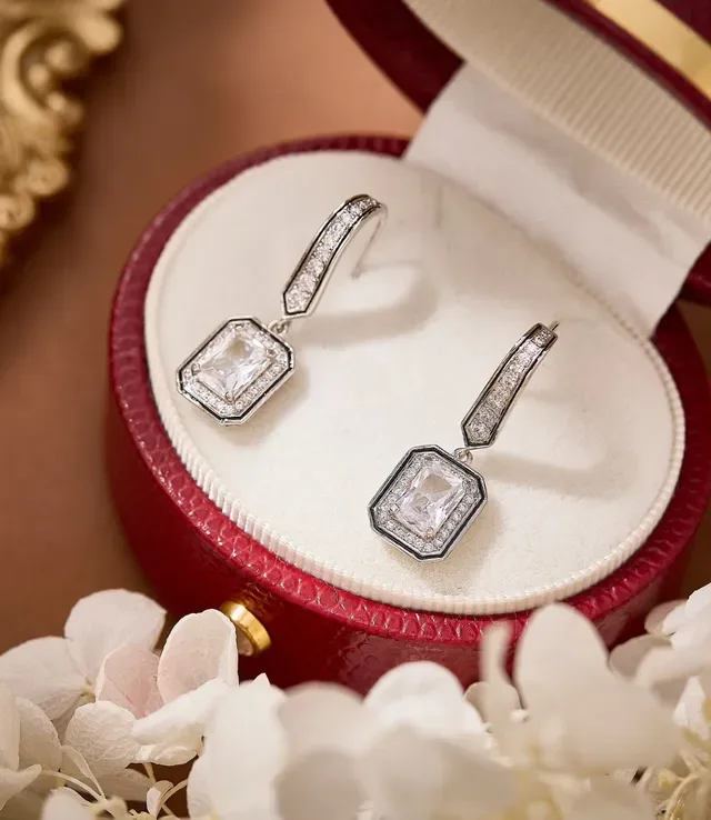Silver-Tone Rectangular Halo Pavé Crystal Dangling Earrings 6