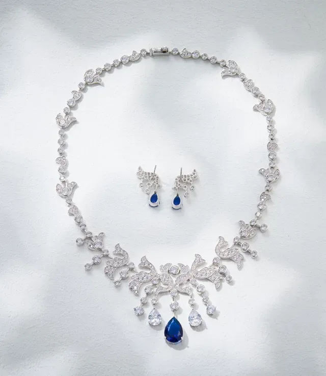 Silver-Tone Wing Motif Pavé Crystal and Blue Teardrop Drop Earrings 2