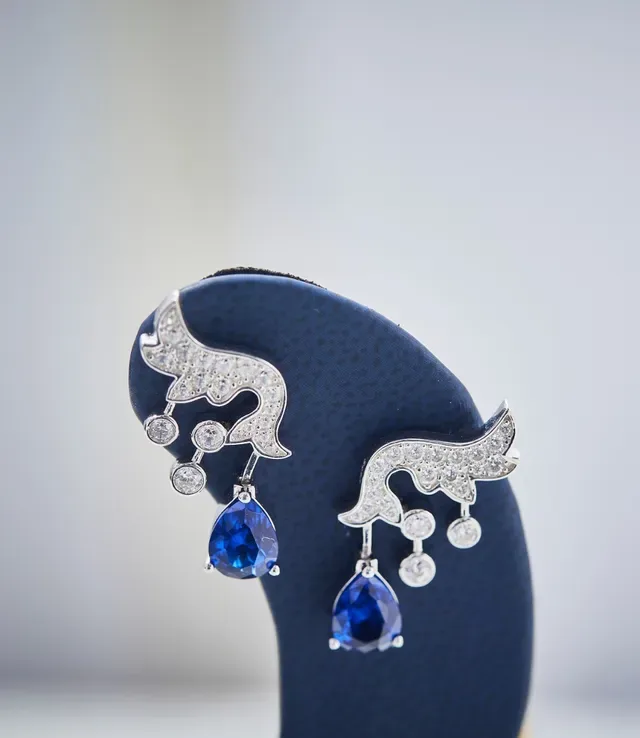 Silver-Tone Wing Motif Pavé Crystal and Blue Teardrop Drop Earrings 8