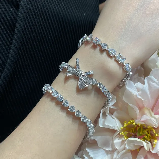 Silver-Toned Bow Motif Pavé Stone Bracelet 7
