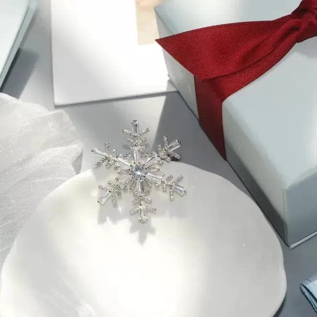 Silver Transparent Snowflake Silhouette Baguette-Cut Crystals Brooch 4