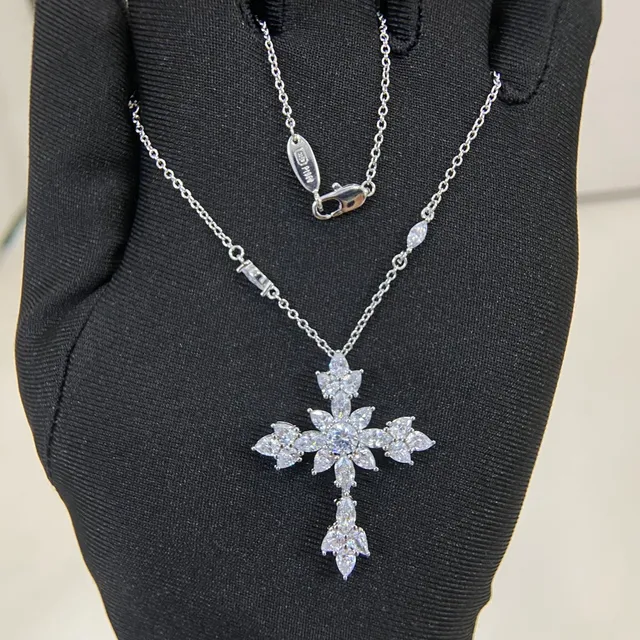 Silver White Cross-Shaped Floral Pendant Marquise-Cut And Round Brilliant Gemstones Necklace 4