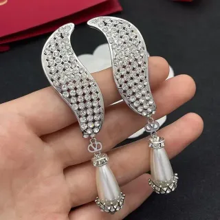 Silver White Curved Pavé Wing Silhouette Dangling Teardrop Pearl Earrings
