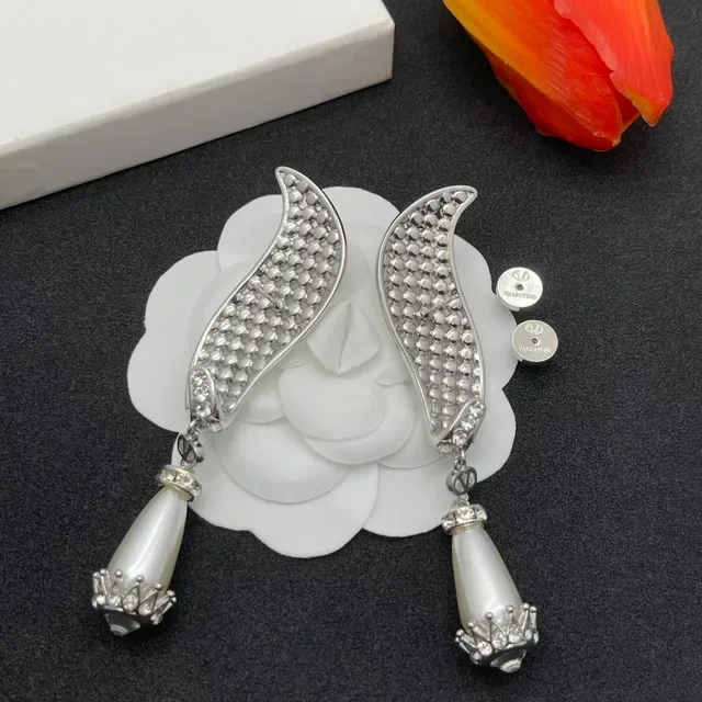 Silver White Curved Pavé Wing Silhouette Dangling Teardrop Pearl Earrings 3