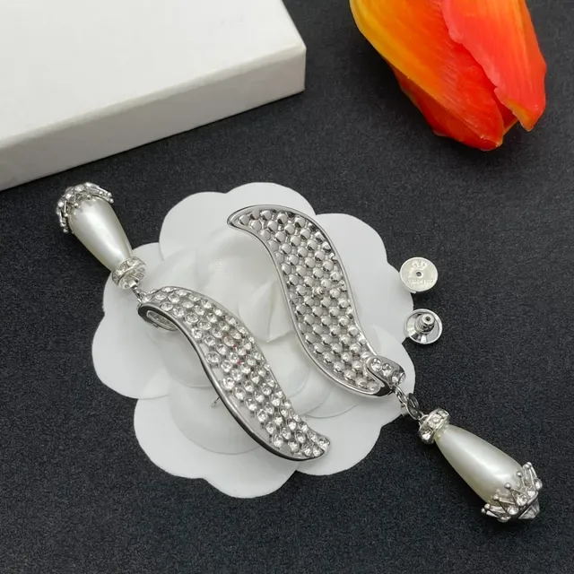 Silver White Curved Pavé Wing Silhouette Dangling Teardrop Pearl Earrings 4