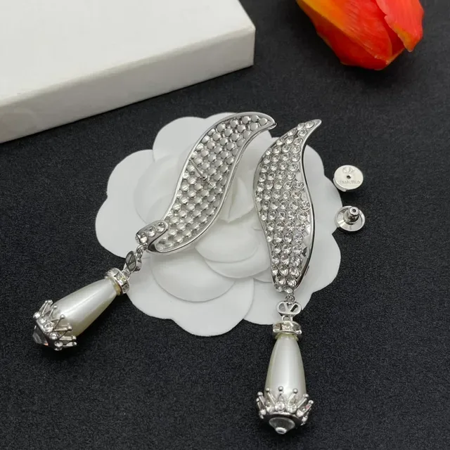Silver White Curved Pavé Wing Silhouette Dangling Teardrop Pearl Earrings 5
