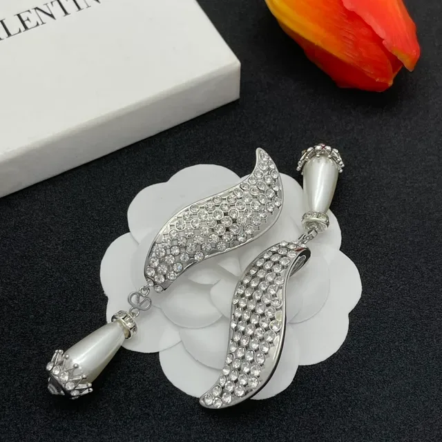 Silver White Curved Pavé Wing Silhouette Dangling Teardrop Pearl Earrings 6