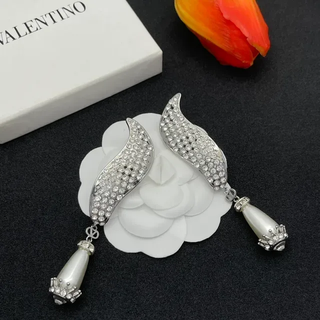 Silver White Curved Pavé Wing Silhouette Dangling Teardrop Pearl Earrings 7