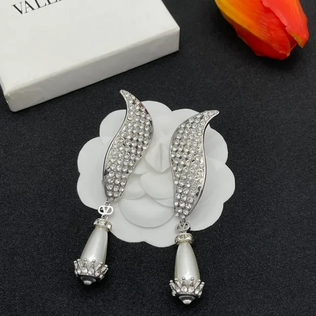 Silver White Curved Pavé Wing Silhouette Dangling Teardrop Pearl Earrings 8