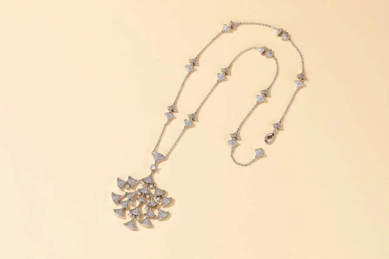 Silver White Pavé-Set Fan Motif Asymmetrical Pendant Cascade Necklace 4