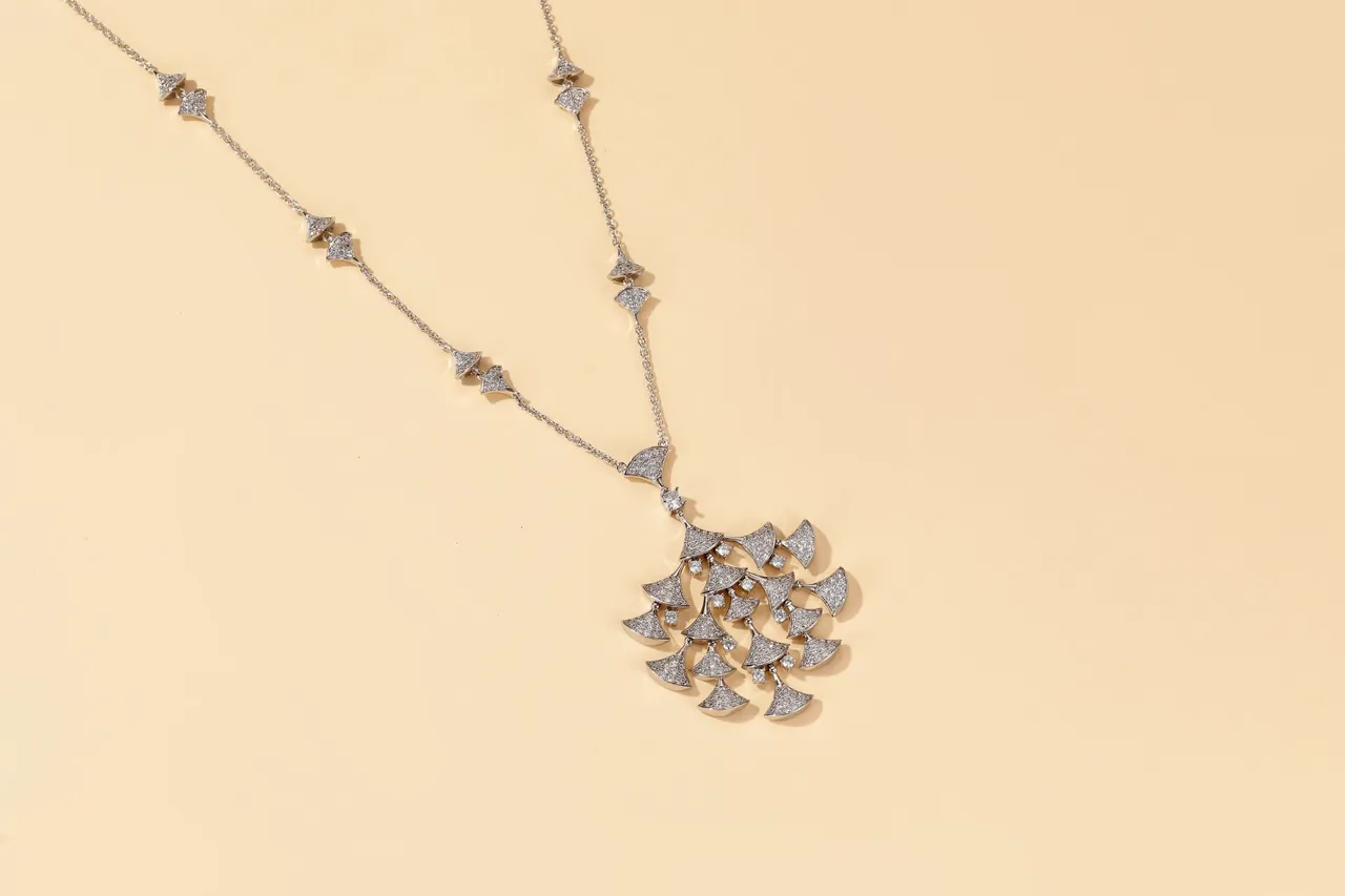 Silver White Pavé-Set Fan Motif Asymmetrical Pendant Cascade Necklace 5