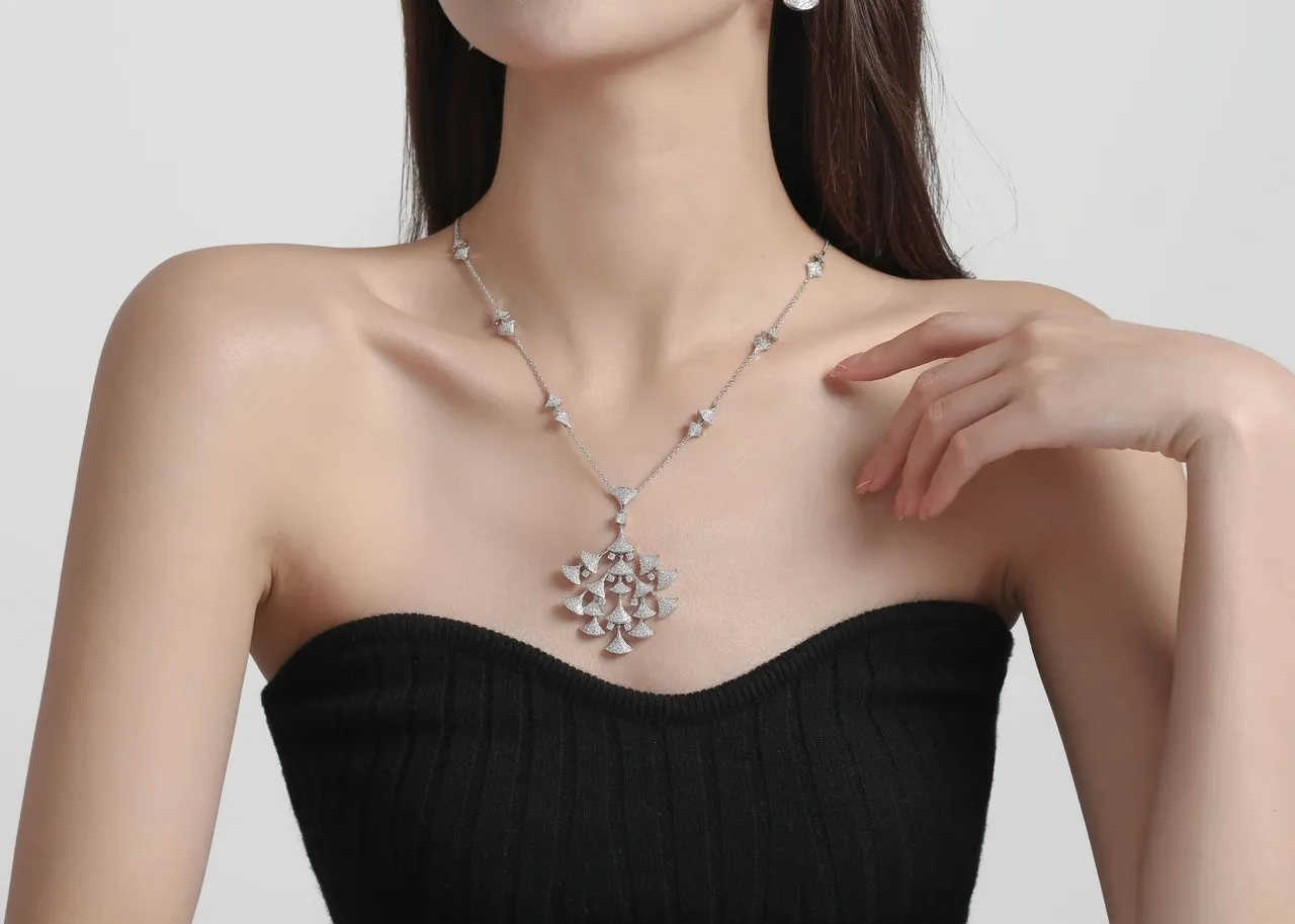 Silver White Pavé-Set Fan Motif Asymmetrical Pendant Cascade Necklace 6
