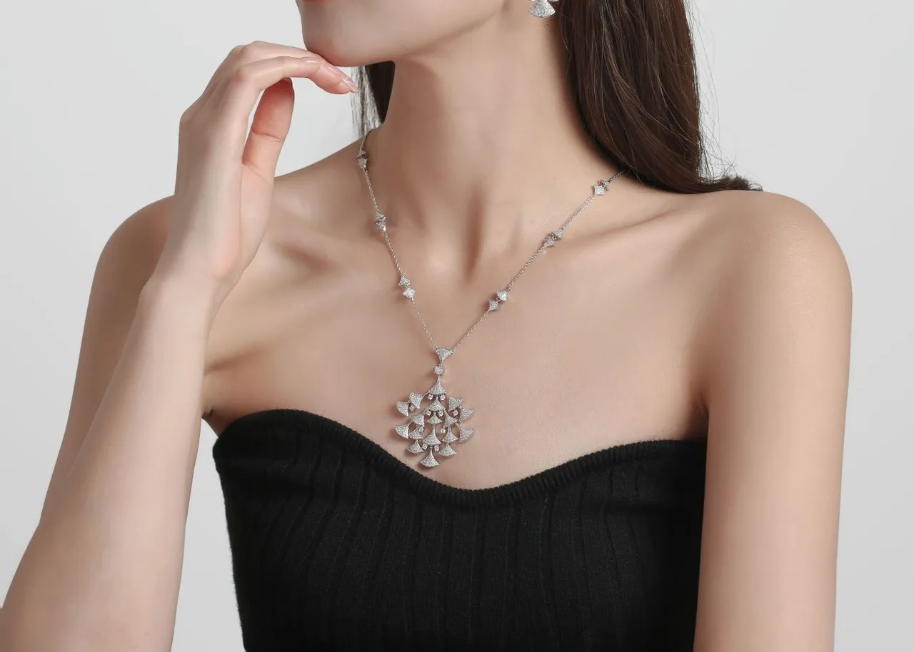 Silver White Pavé-Set Fan Motif Asymmetrical Pendant Cascade Necklace 7