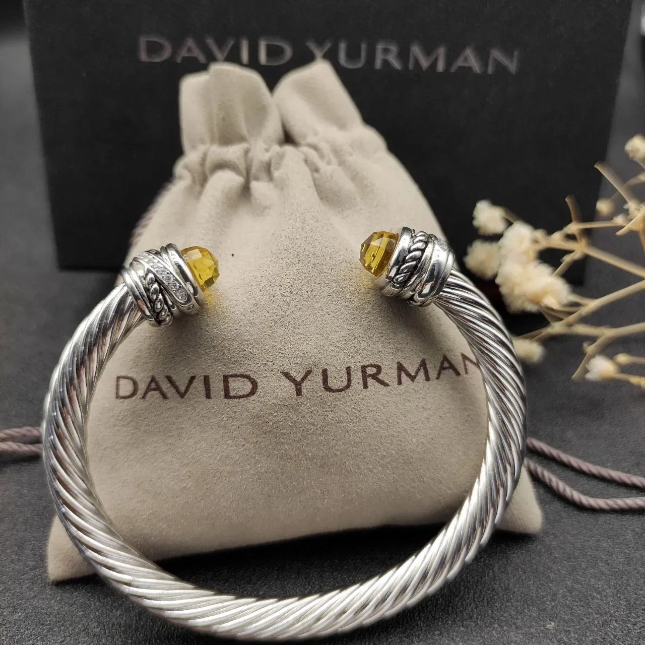 Silver Yellow Twisted Cable Faceted Stone Terminals Bracelet 3