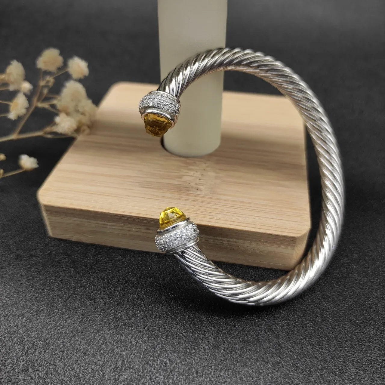 Silver Yellow Twisted Cable Pavé-Set Terminals Bracelet 3