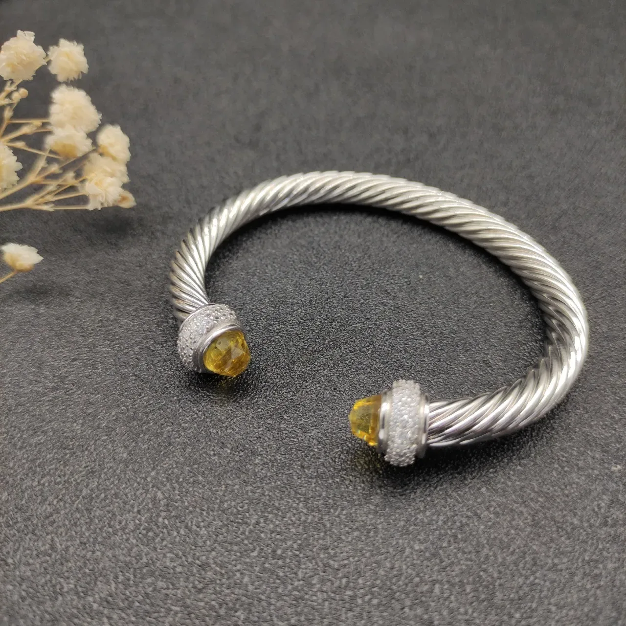 Silver Yellow Twisted Cable Pavé-Set Terminals Bracelet 6