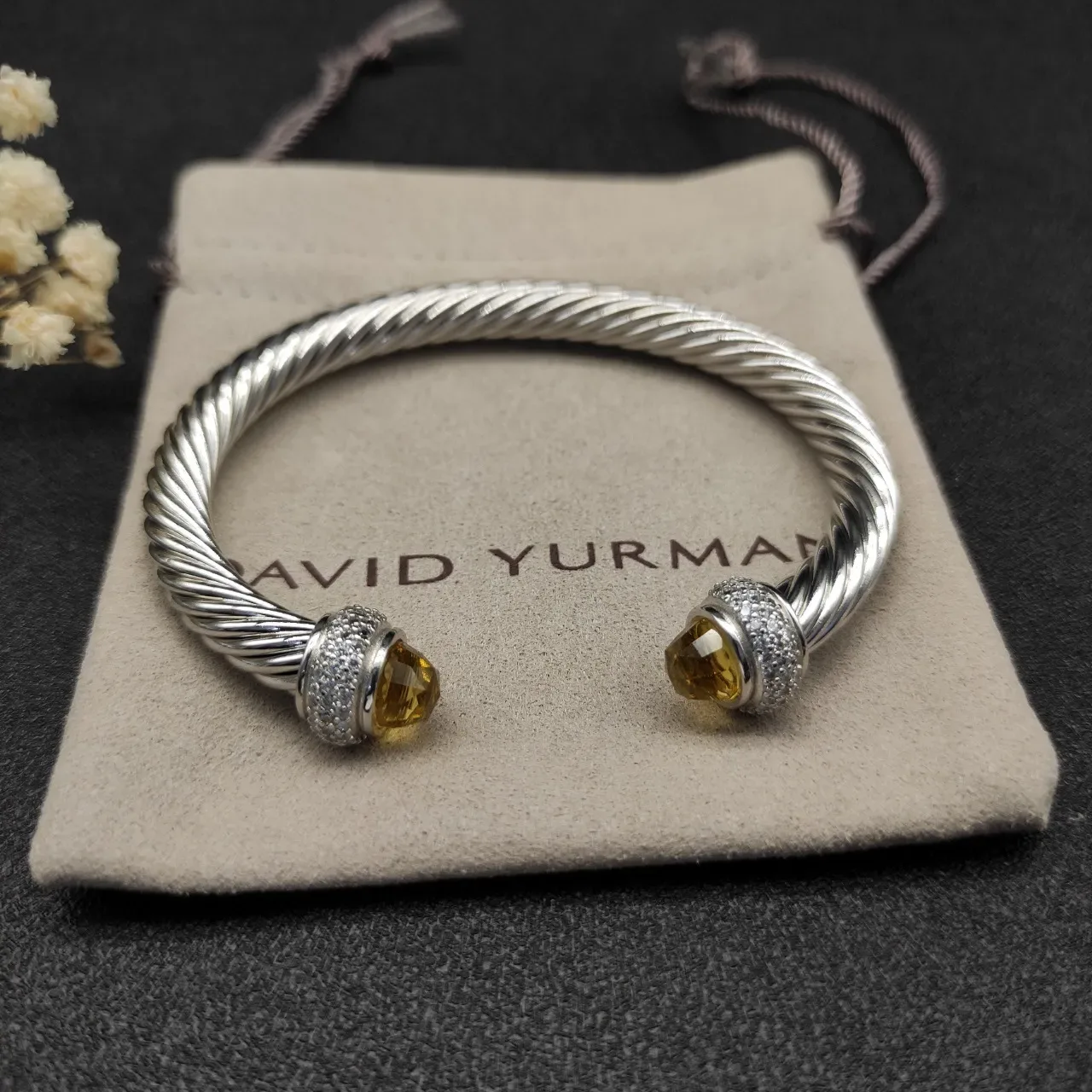 Silver Yellow Twisted Cable Pavé-Set Terminals Bracelet 7