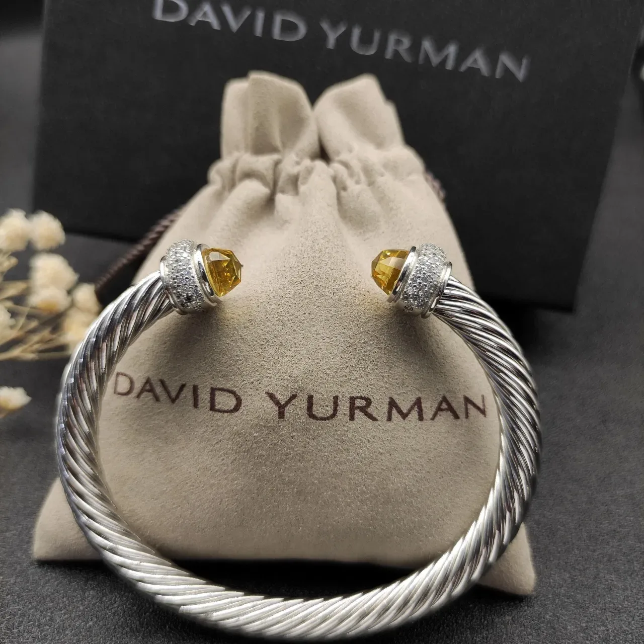 Silver Yellow Twisted Cable Pavé-Set Terminals Bracelet 8