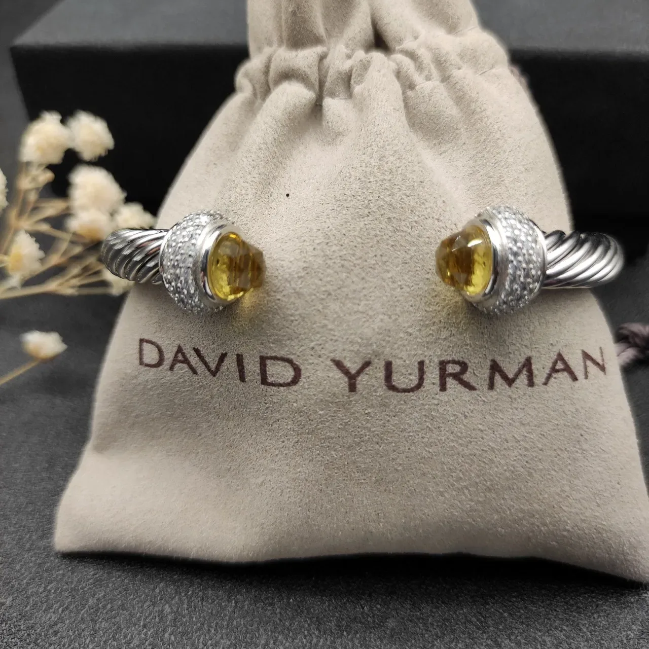 Silver Yellow Twisted Cable Pavé-Set Terminals Bracelet 9