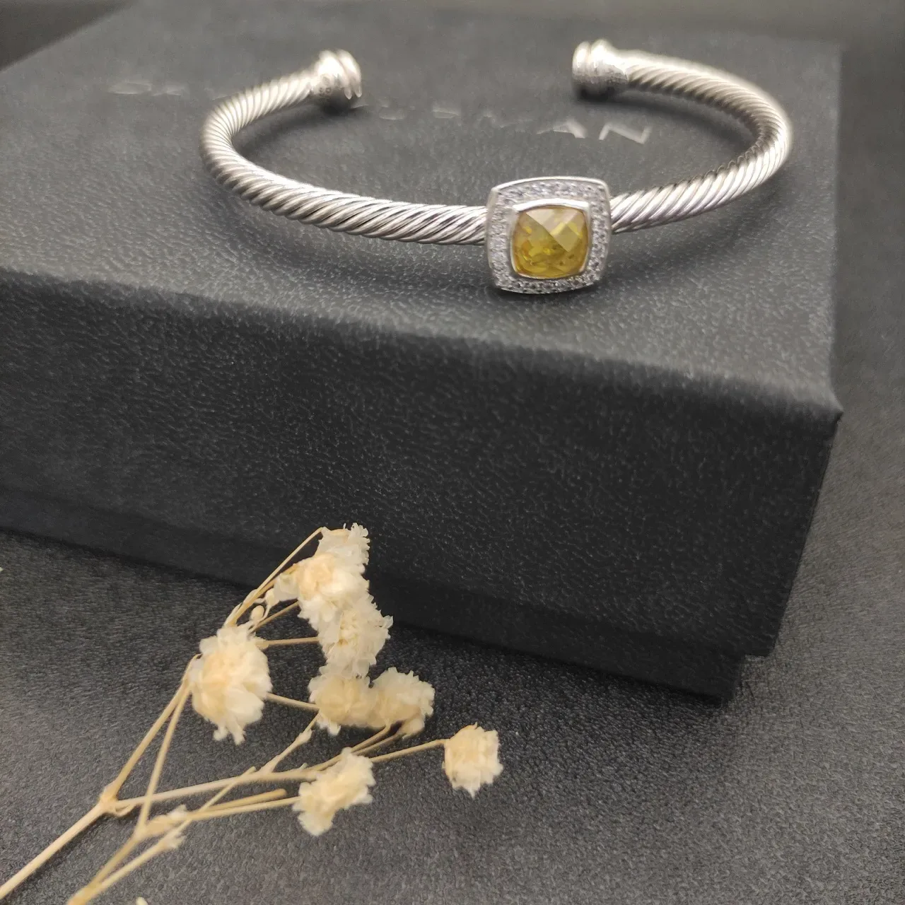 Silver Yellow Twisted Rope Band Cushion-Cut Center Stone Bracelet 2