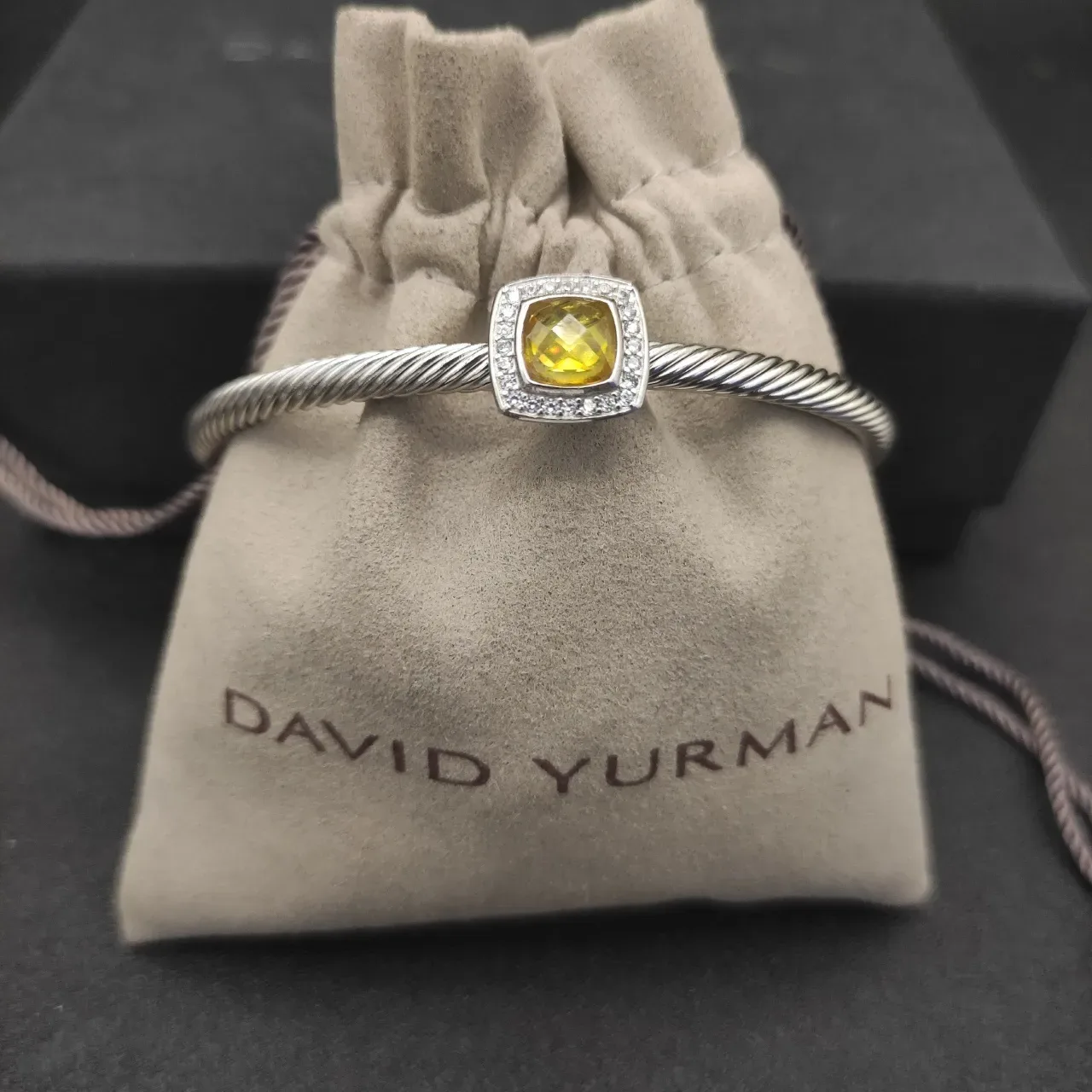 Silver Yellow Twisted Rope Band Cushion-Cut Center Stone Bracelet 3