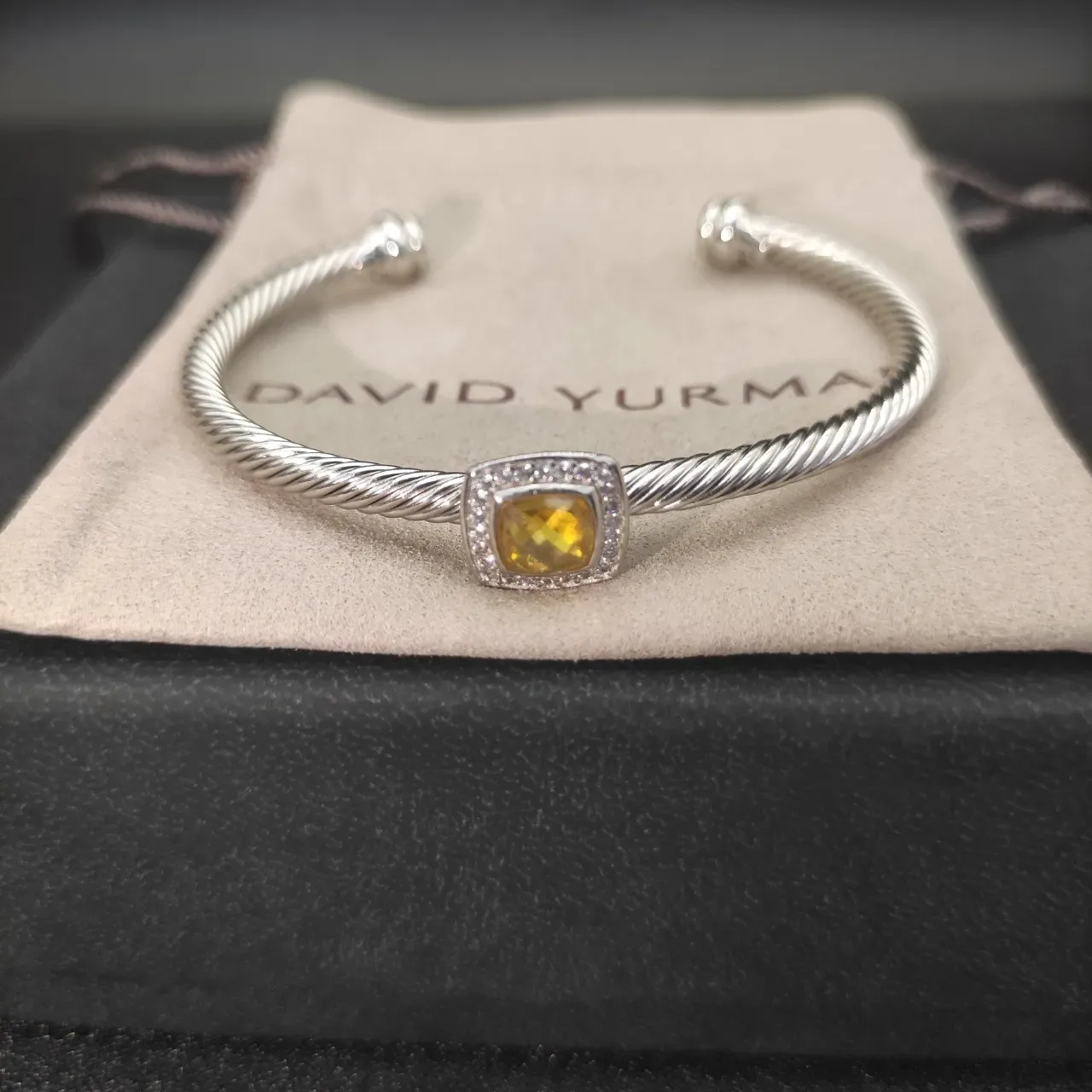 Silver Yellow Twisted Rope Band Cushion-Cut Center Stone Bracelet 4