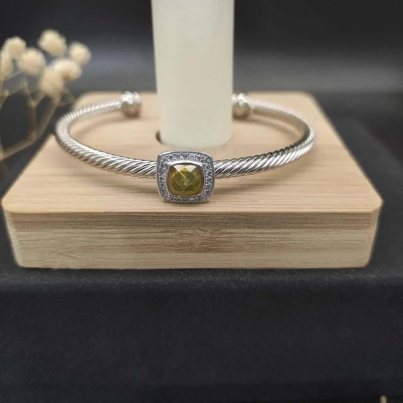 Silver Yellow Twisted Rope Band Cushion-Cut Center Stone Bracelet 6