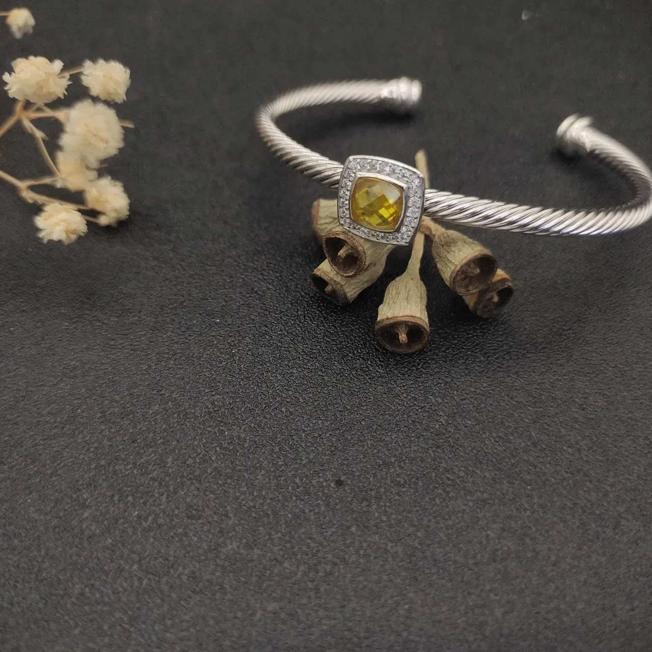 Silver Yellow Twisted Rope Band Cushion-Cut Center Stone Bracelet 7