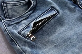 Slim-Fit Moto-Style Light Blue Denim Jeans 2