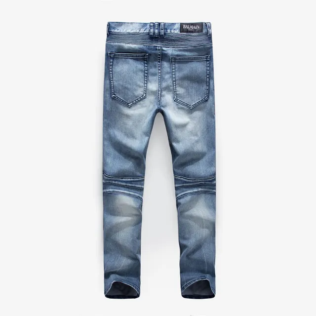 Slim-Fit Moto-Style Light Blue Denim Jeans 13