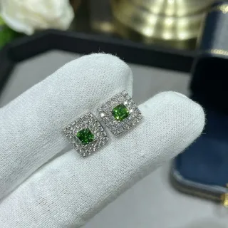 Square Green Gemstone Double-Halo Pavé Stud Earrings