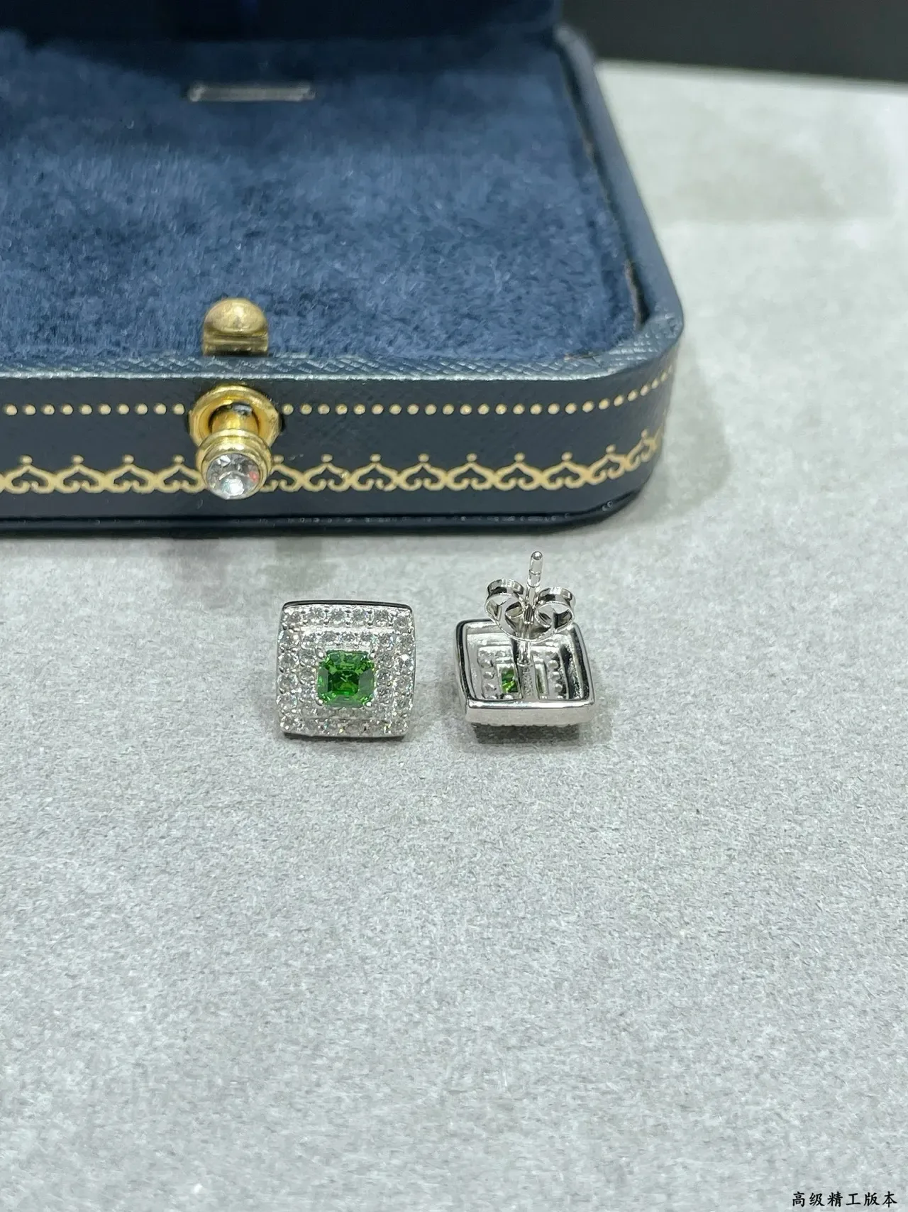 Square Green Gemstone Double-Halo Pavé Stud Earrings 4