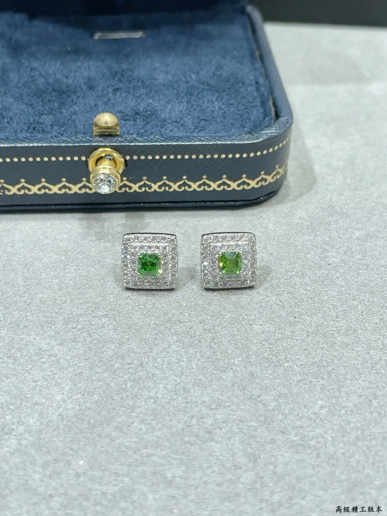 Square Green Gemstone Double-Halo Pavé Stud Earrings 5