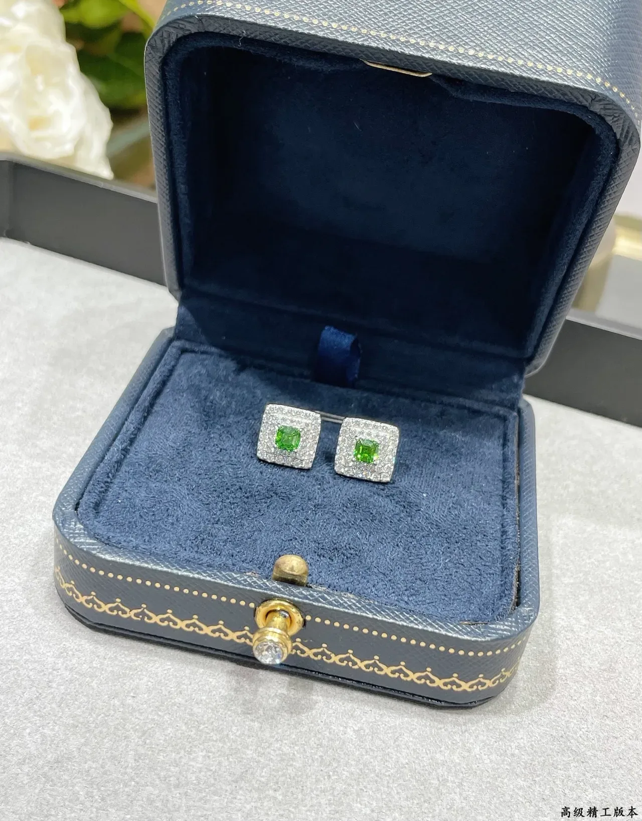 Square Green Gemstone Double-Halo Pavé Stud Earrings 6