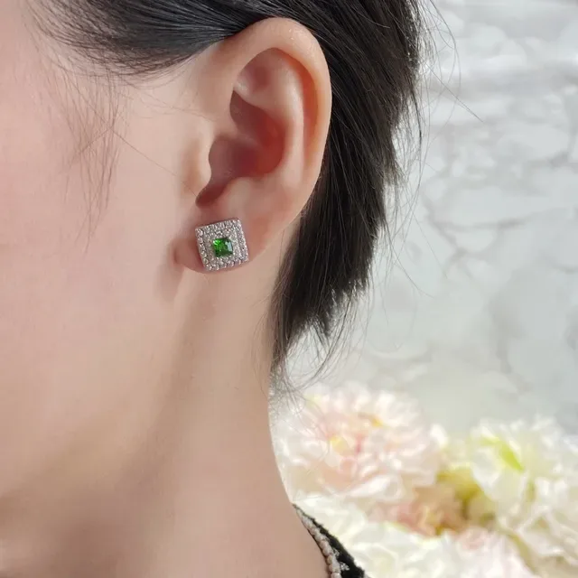 Square Green Gemstone Double-Halo Pavé Stud Earrings 9