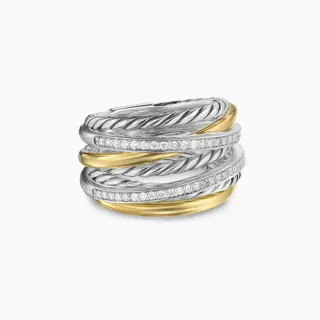Stacked Twisted Rope Pavé Diamond Two-Tone Metal Ring