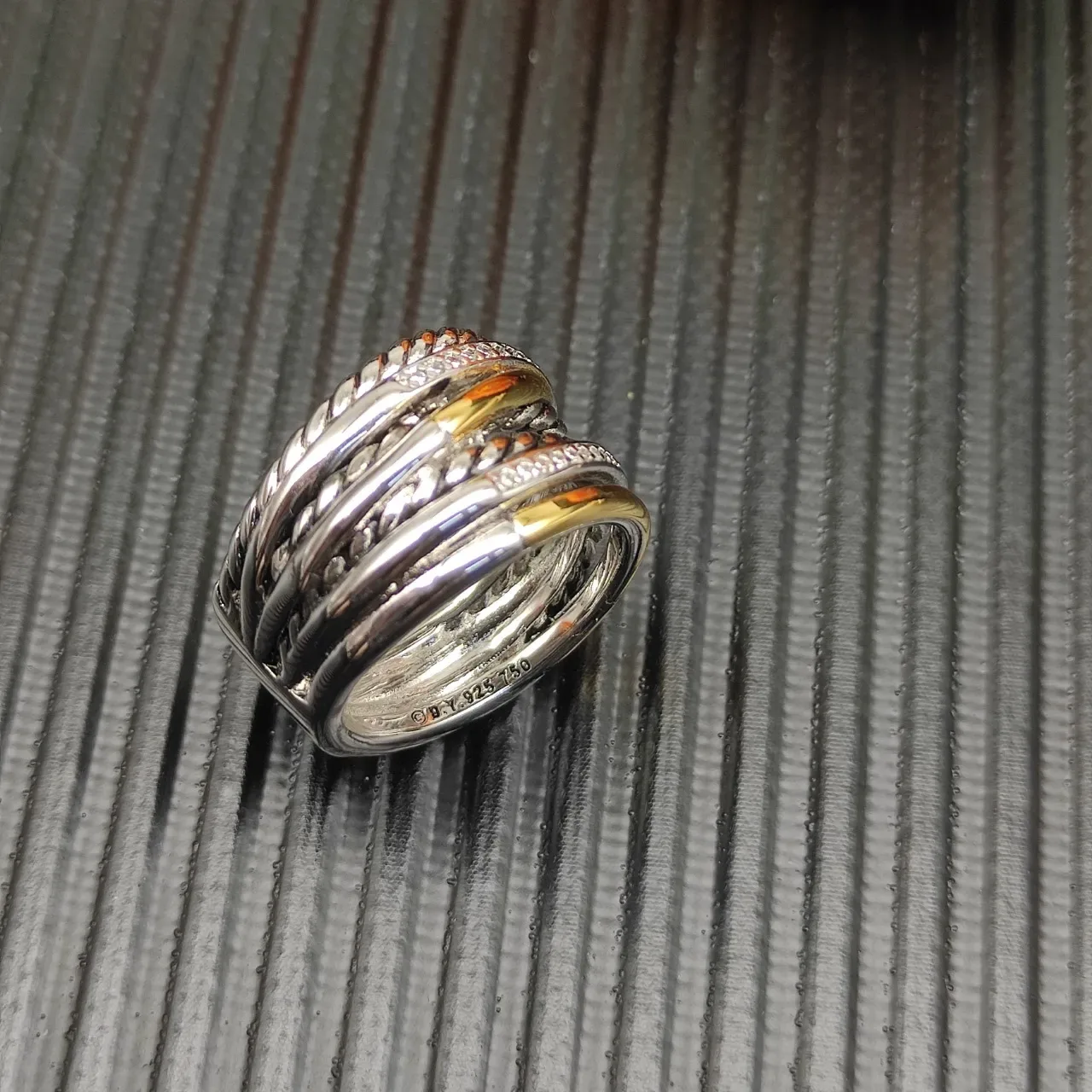 Stacked Twisted Rope Pavé Diamond Two-Tone Metal Ring 4