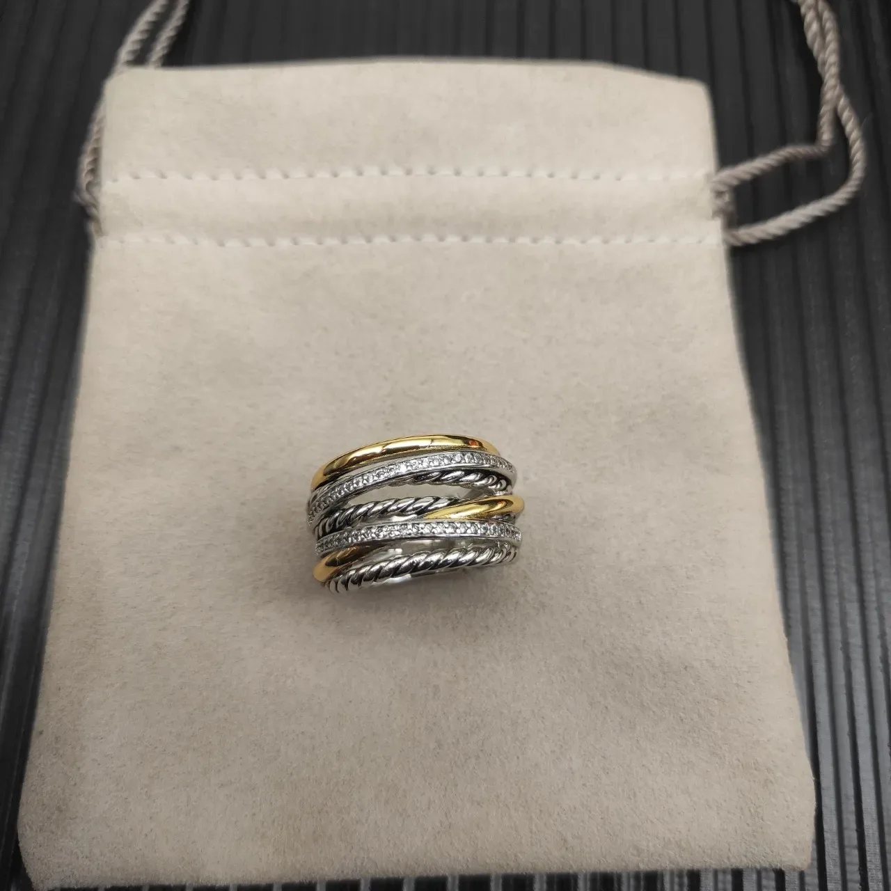 Stacked Twisted Rope Pavé Diamond Two-Tone Metal Ring 7