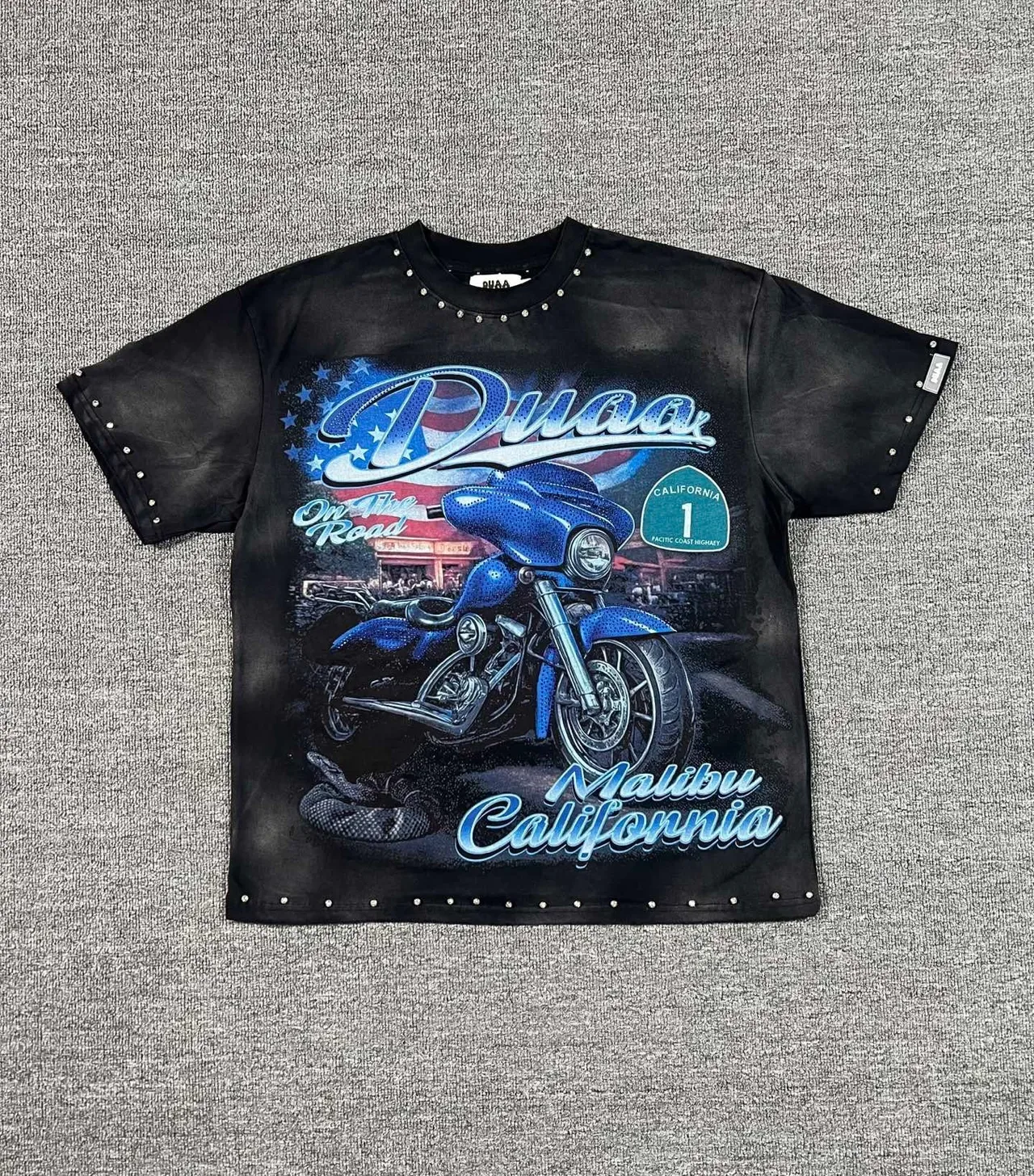 Studded Washed Black Motorcycle Graphic T-Shirt 8