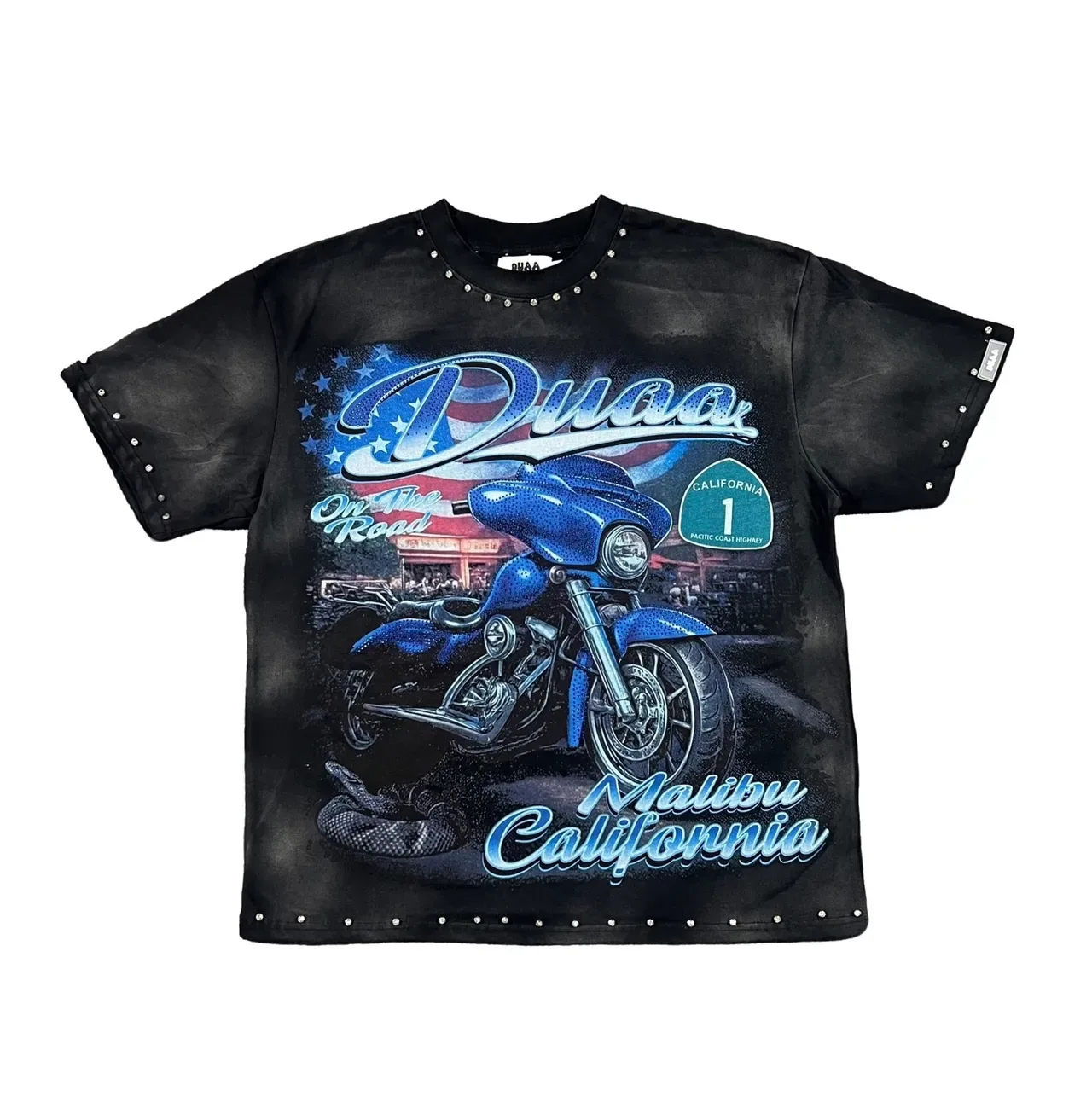 Studded Washed Black Motorcycle Graphic T-Shirt 11