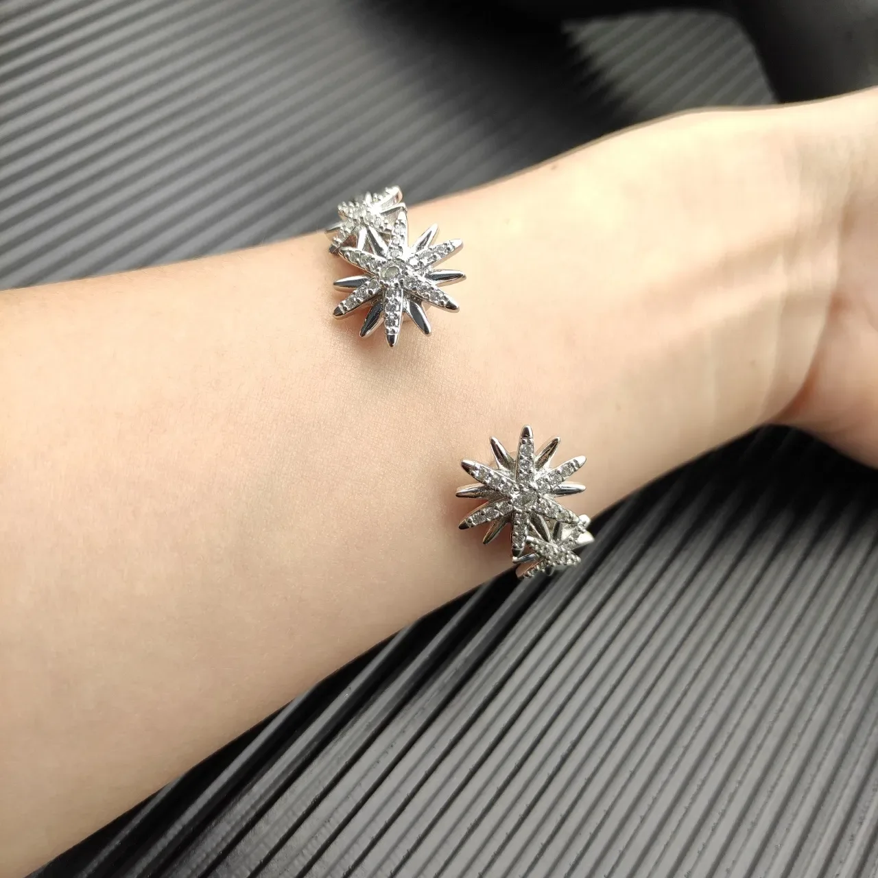 Two-Tone Cable Twist Starburst Charm Open Cuff Bracelets 4