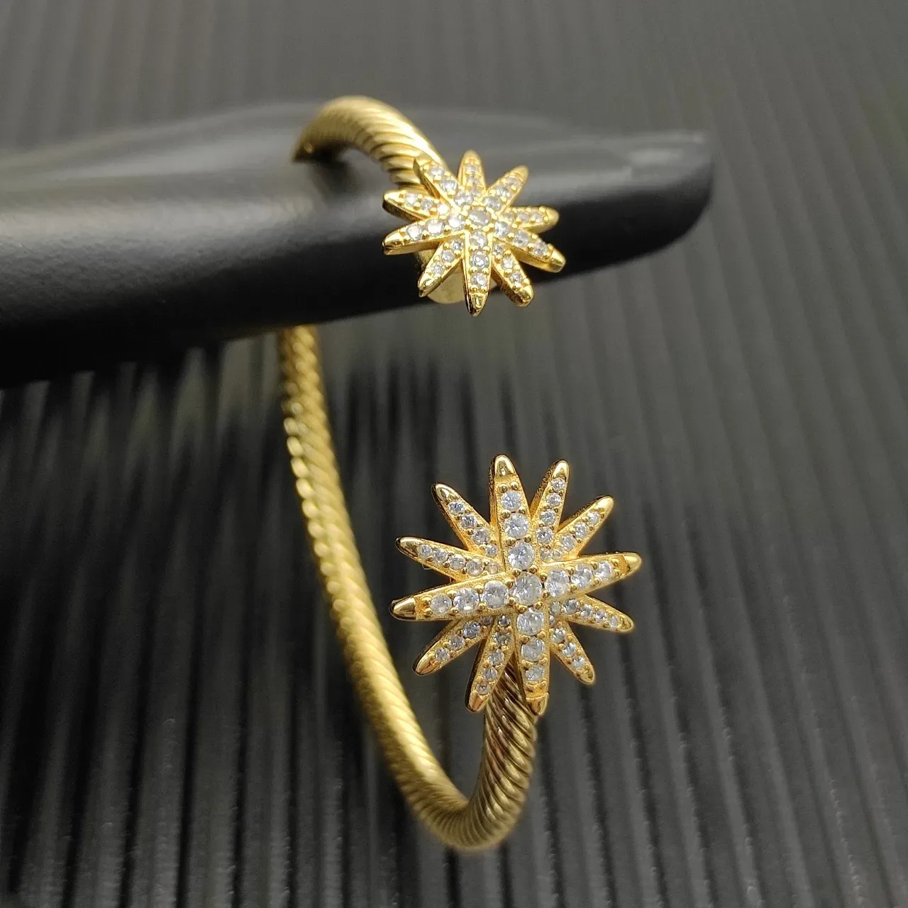 Two-Tone Cable Twist Starburst Charm Open Cuff Bracelets 5