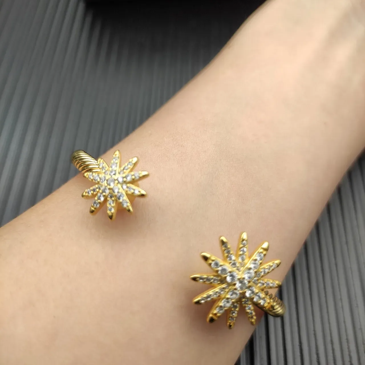 Two-Tone Cable Twist Starburst Charm Open Cuff Bracelets 6