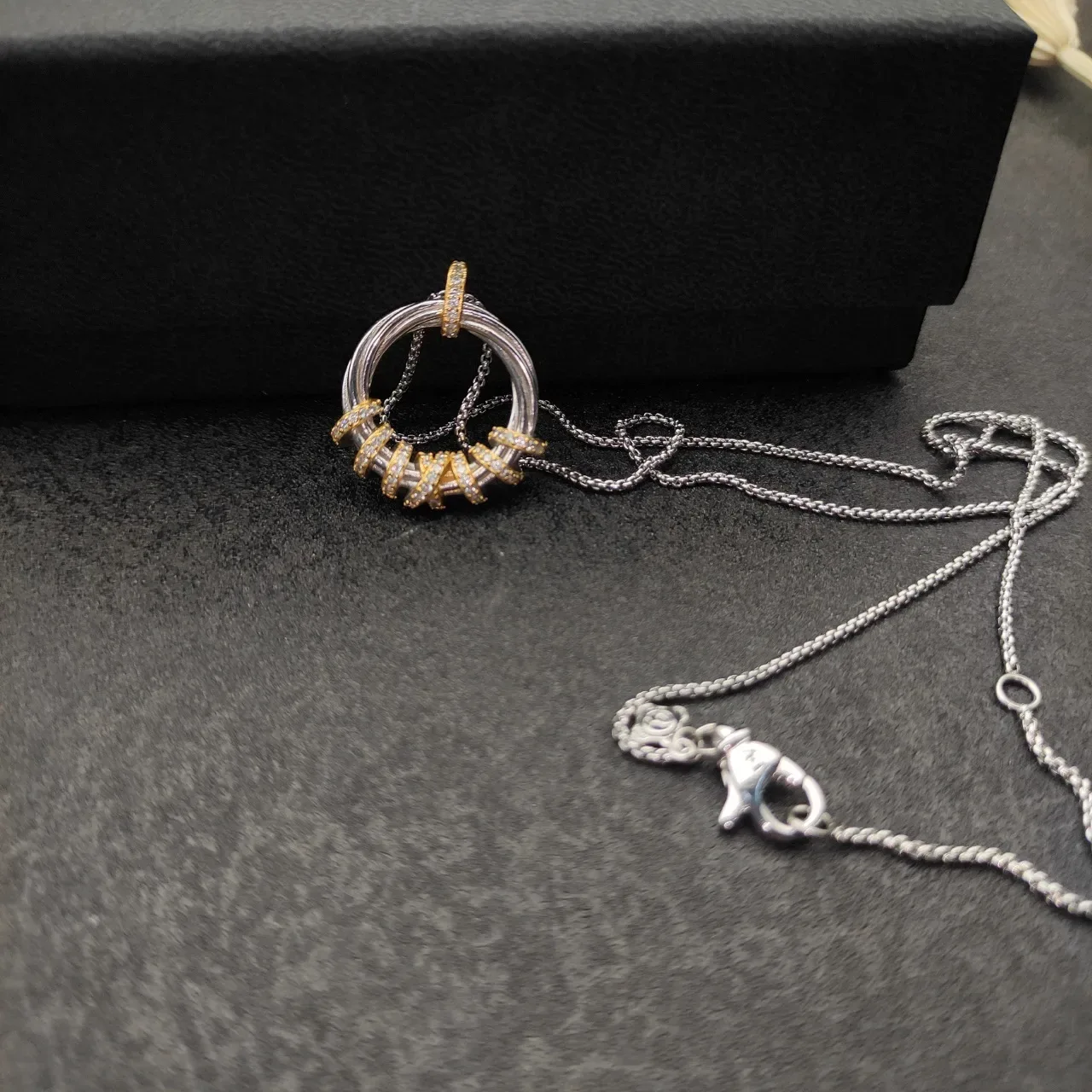 Two-Tone Pavé Crystal Interlocking Hoop Pendant Necklace 2