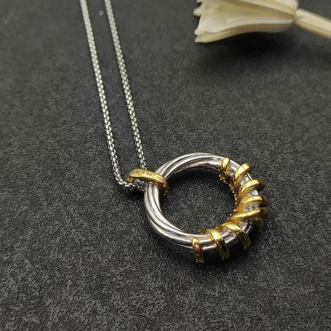 Two-Tone Pavé Crystal Interlocking Hoop Pendant Necklace 7